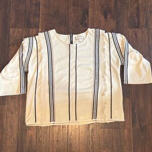 Anthropologie Eri & Ali Top Fringe Trim Black and Cream Cotton Blouse Women XL